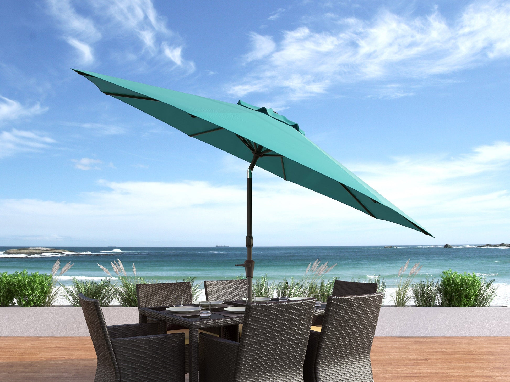 Turquoise 10ft wind-resistant patio umbrella with sturdy aluminum frame, UV protection, and easy tilt mechanism, perfect for outdoor seating areas and garden spaces.