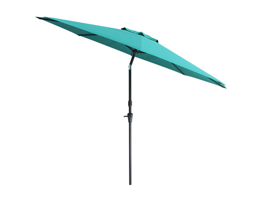 Turquoise 10ft wind-resistant patio umbrella with sturdy aluminum frame, UV protection, and easy tilt mechanism, perfect for outdoor seating areas and garden spaces.