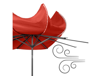 Crimson red 10ft wind-resistant patio umbrella with sturdy aluminum pole, UV-resistant fabric, and easy crank lift. Ideal for outdoor seating areas, providing ample shade and weather protection.