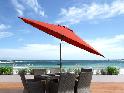 Crimson red 10ft wind-resistant patio umbrella with sturdy aluminum pole, UV-resistant fabric, and easy crank lift. Ideal for outdoor seating areas, providing ample shade and weather protection.