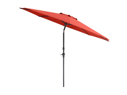 Crimson red 10ft wind-resistant patio umbrella with sturdy aluminum pole, UV-resistant fabric, and easy crank lift. Ideal for outdoor seating areas, providing ample shade and weather protection.