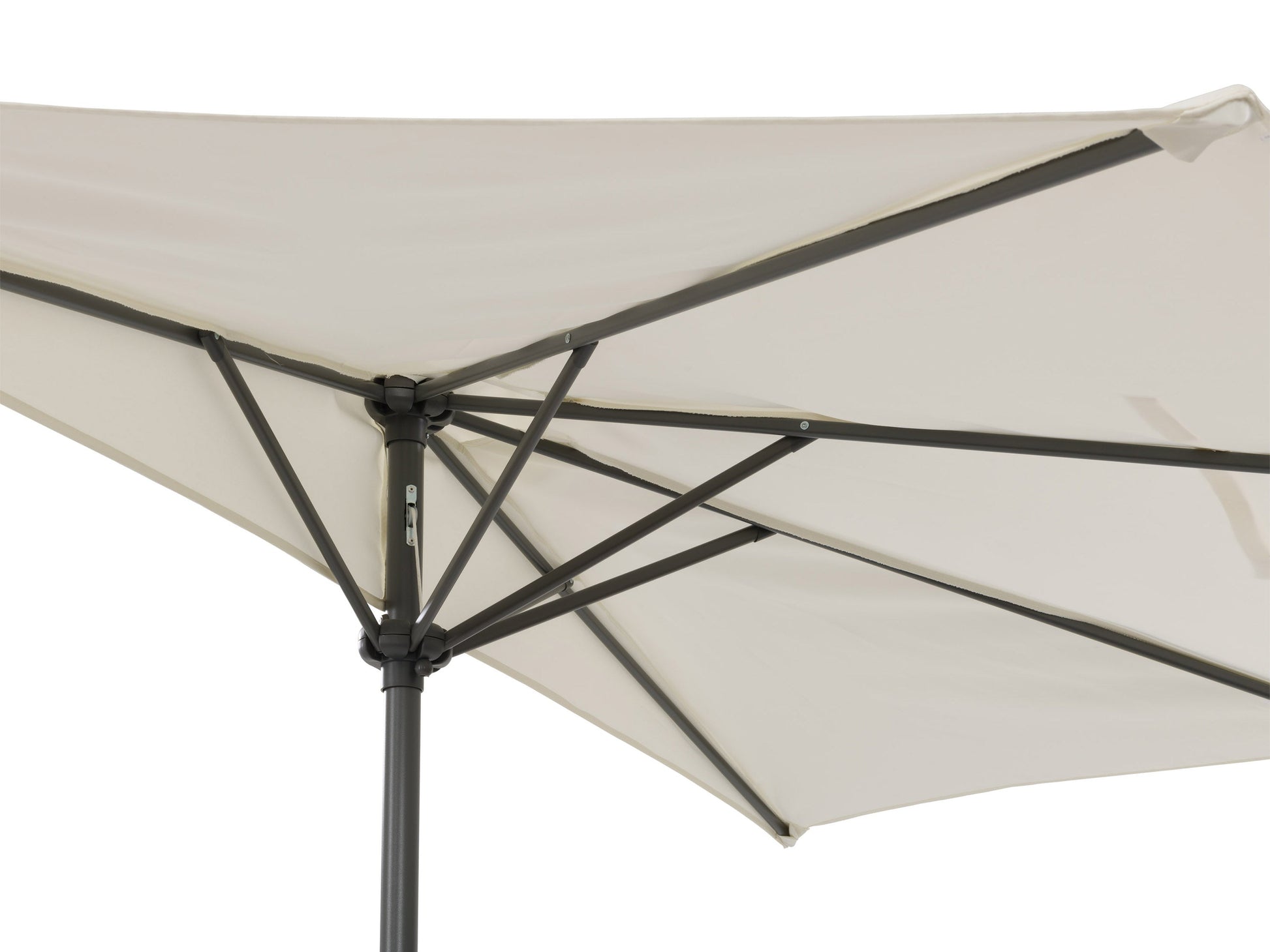 Off-white 8.5ft half umbrella with sturdy aluminum frame, UV-resistant canopy, and crank handle for easy opening. Ideal for patios and small outdoor spaces, providing shade and weather protection.