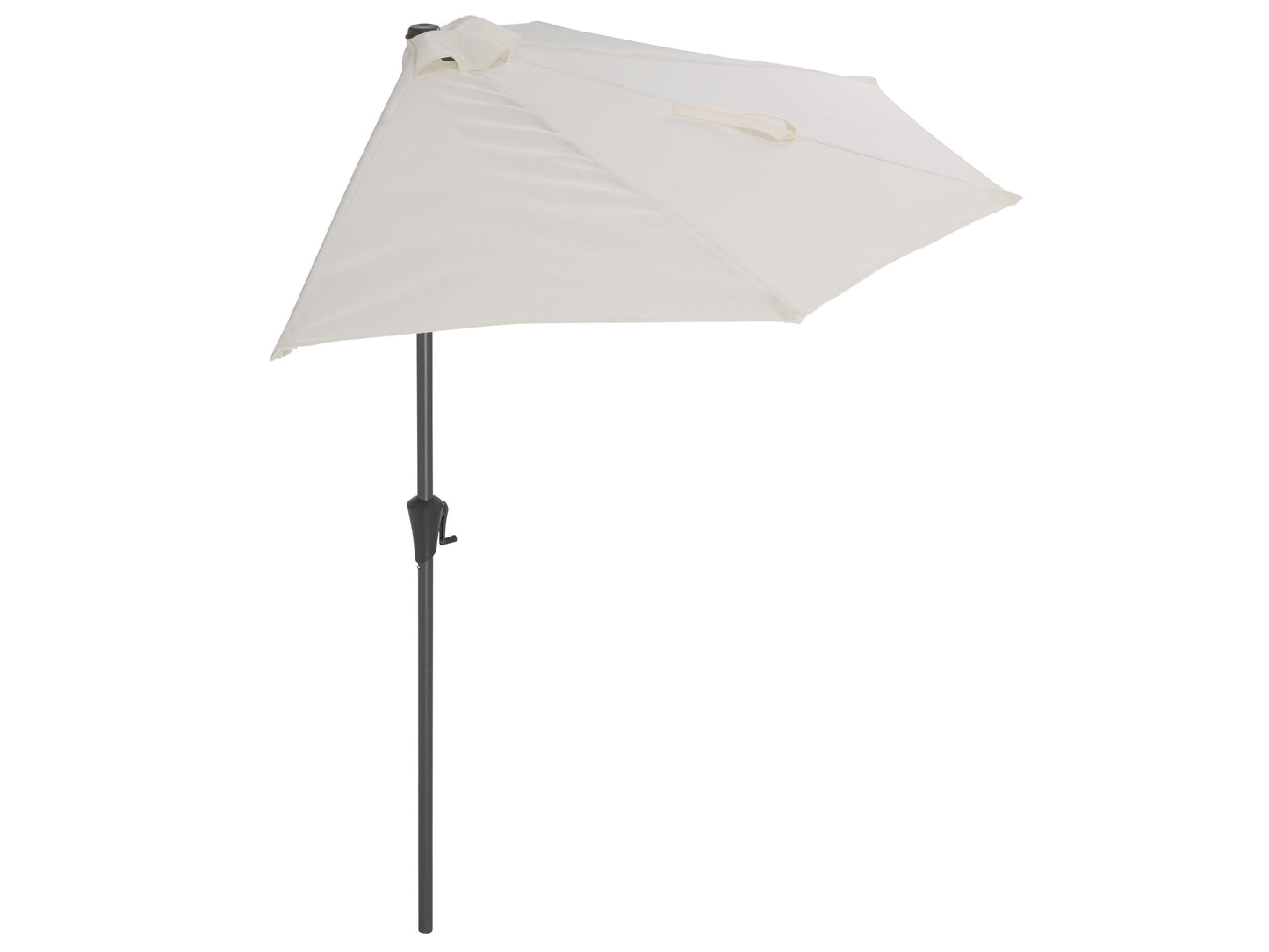 Off-white 8.5ft half umbrella with sturdy aluminum frame, UV-resistant canopy, and crank handle for easy opening. Ideal for patios and small outdoor spaces, providing shade and weather protection.