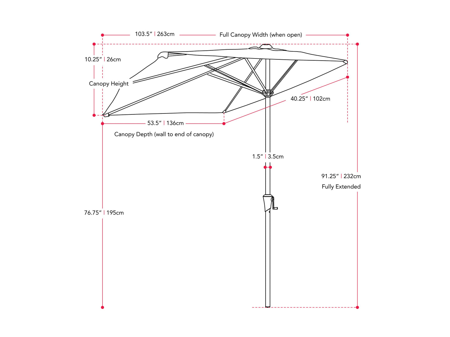 Off-white 8.5ft half umbrella with sturdy aluminum frame, UV-resistant canopy, and crank handle for easy opening. Ideal for patios and small outdoor spaces, providing shade and weather protection.