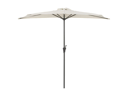 Off-white 8.5ft half umbrella with sturdy aluminum frame, UV-resistant canopy, and crank handle for easy opening. Ideal for patios and small outdoor spaces, providing shade and weather protection.