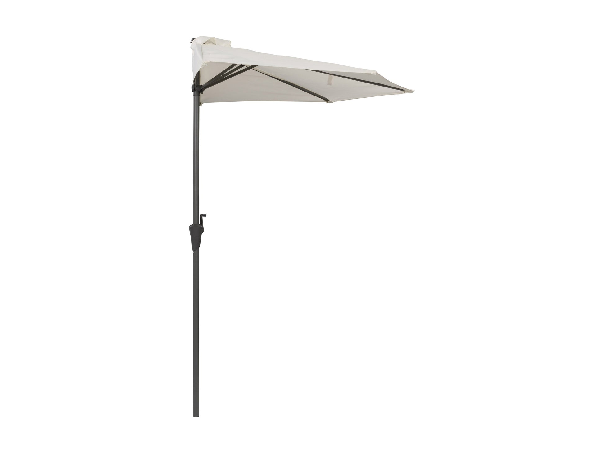 Off-white 8.5ft half umbrella with sturdy aluminum frame, UV-resistant canopy, and crank handle for easy opening. Ideal for patios and small outdoor spaces, providing shade and weather protection.