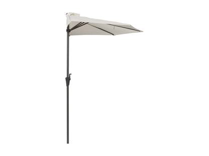 Off-white 8.5ft half umbrella with sturdy aluminum frame, UV-resistant canopy, and crank handle for easy opening. Ideal for patios and small outdoor spaces, providing shade and weather protection.