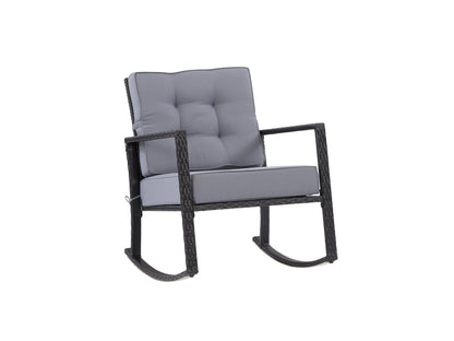 Black and grey wicker outdoor rocking chair with curved armrests, cushioned seat, and backrest. Ideal for patios, decks, and gardens. Durable, weather-resistant materials for long-lasting comfort and style.