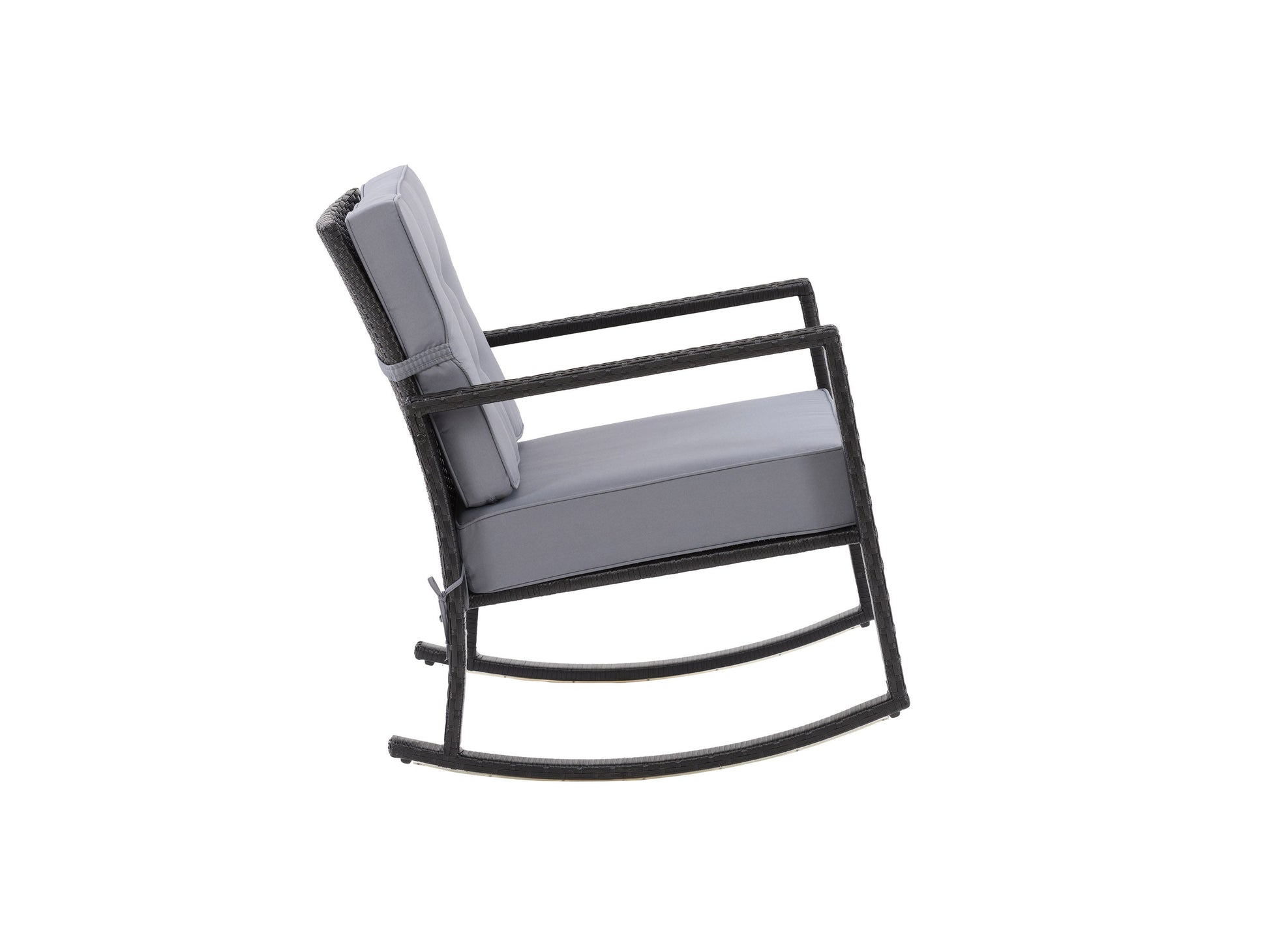 Black and grey wicker outdoor rocking chair with curved armrests, cushioned seat, and backrest. Ideal for patios, decks, and gardens. Durable, weather-resistant materials for long-lasting comfort and style.