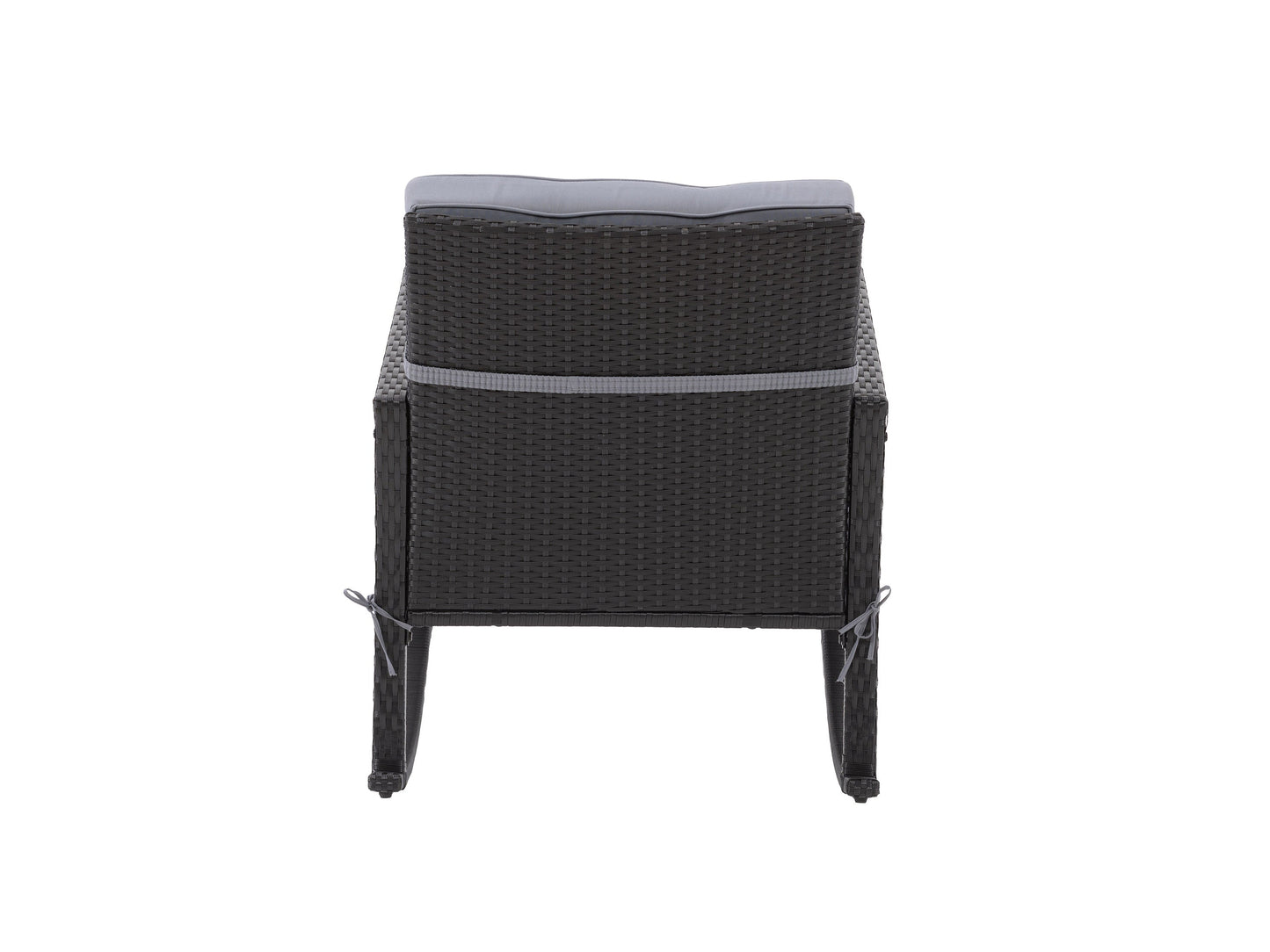 Black and grey wicker outdoor rocking chair with curved armrests, cushioned seat, and backrest. Ideal for patios, decks, and gardens. Durable, weather-resistant materials for long-lasting comfort and style.