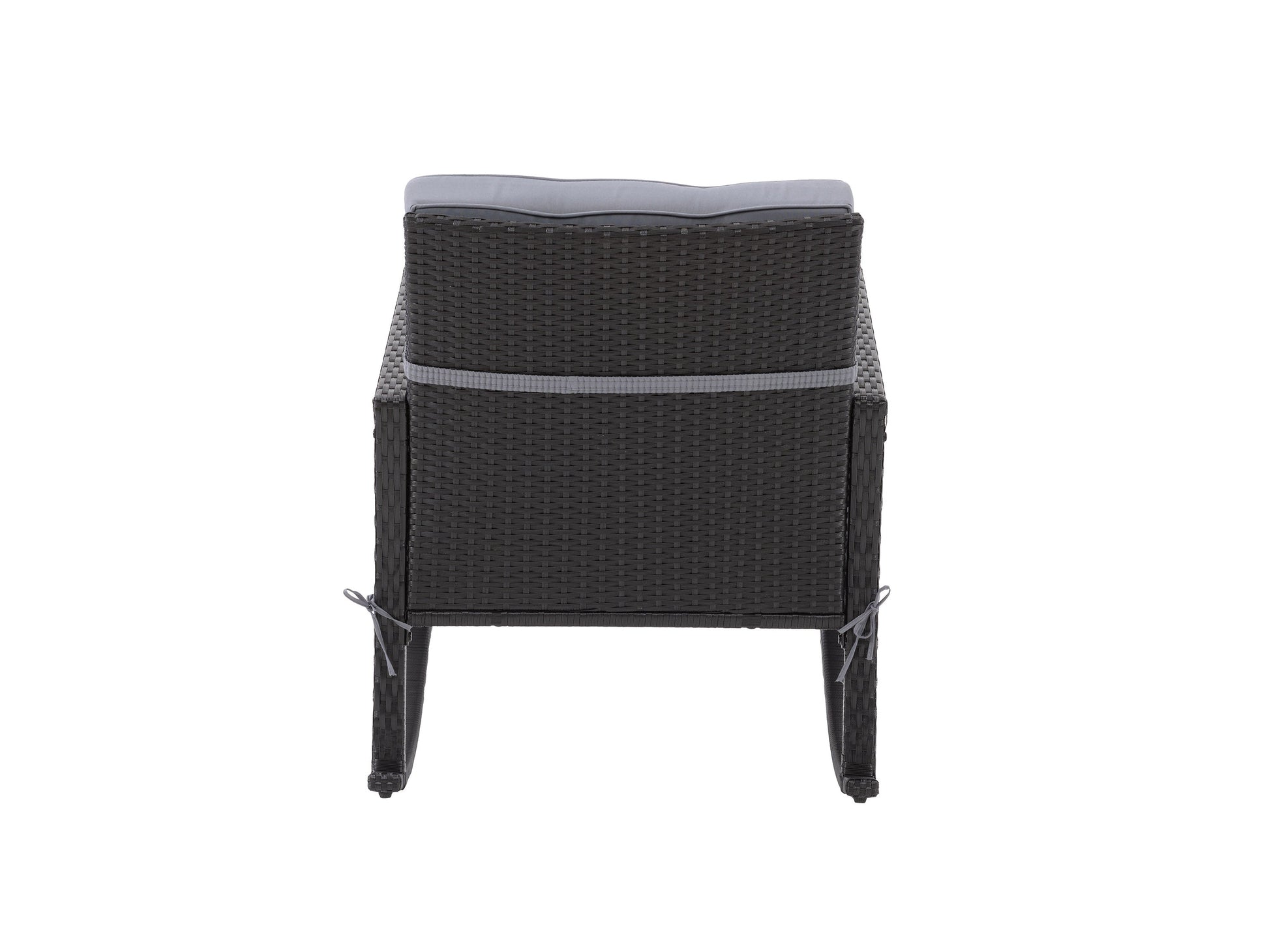 Black and grey wicker outdoor rocking chair with curved armrests, cushioned seat, and backrest. Ideal for patios, decks, and gardens. Durable, weather-resistant materials for long-lasting comfort and style.