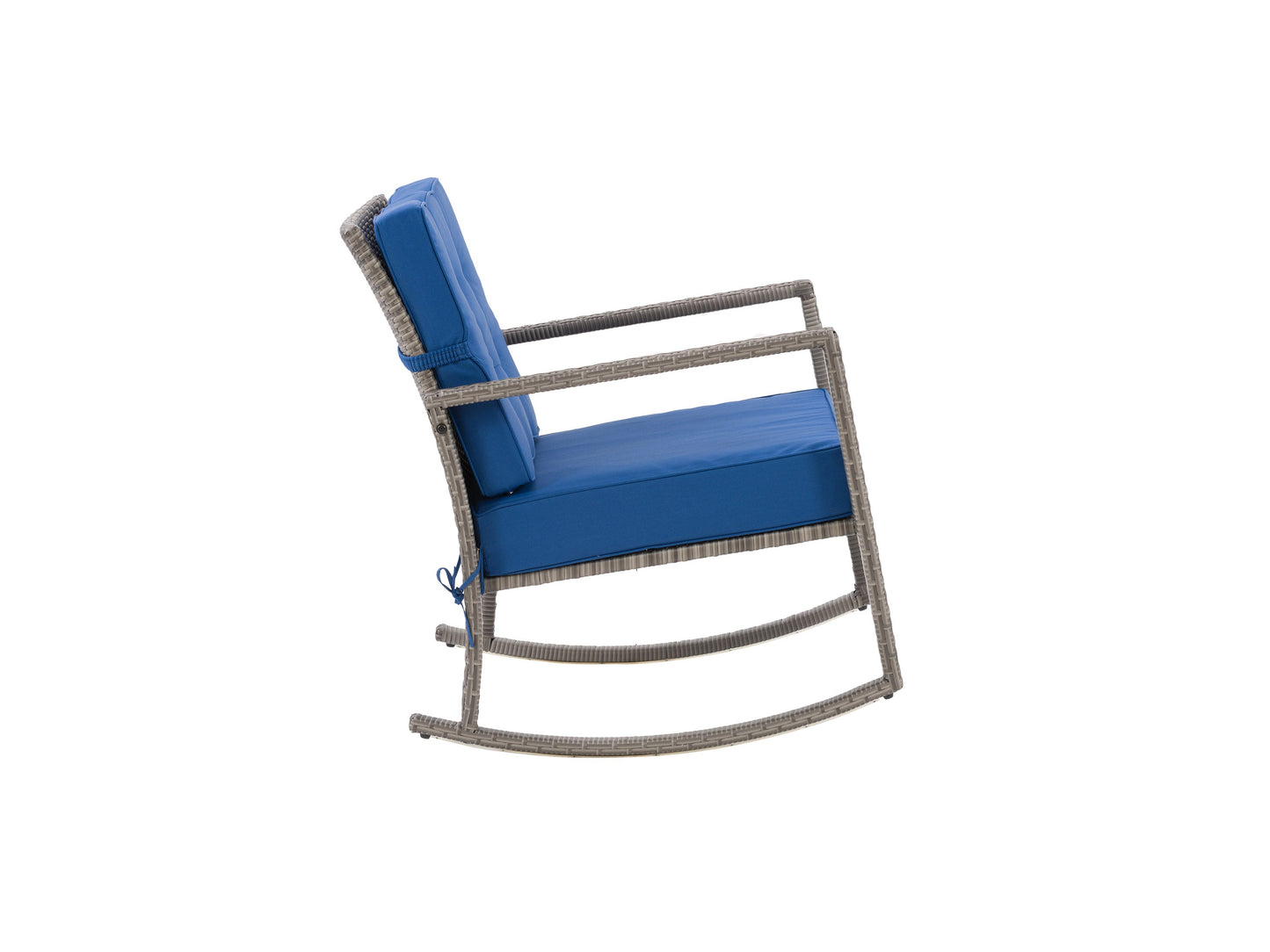 Grey wicker outdoor rocking chair with blue cushions, featuring a sturdy frame, comfortable armrests, and weather-resistant materials, perfect for patio or garden seating.