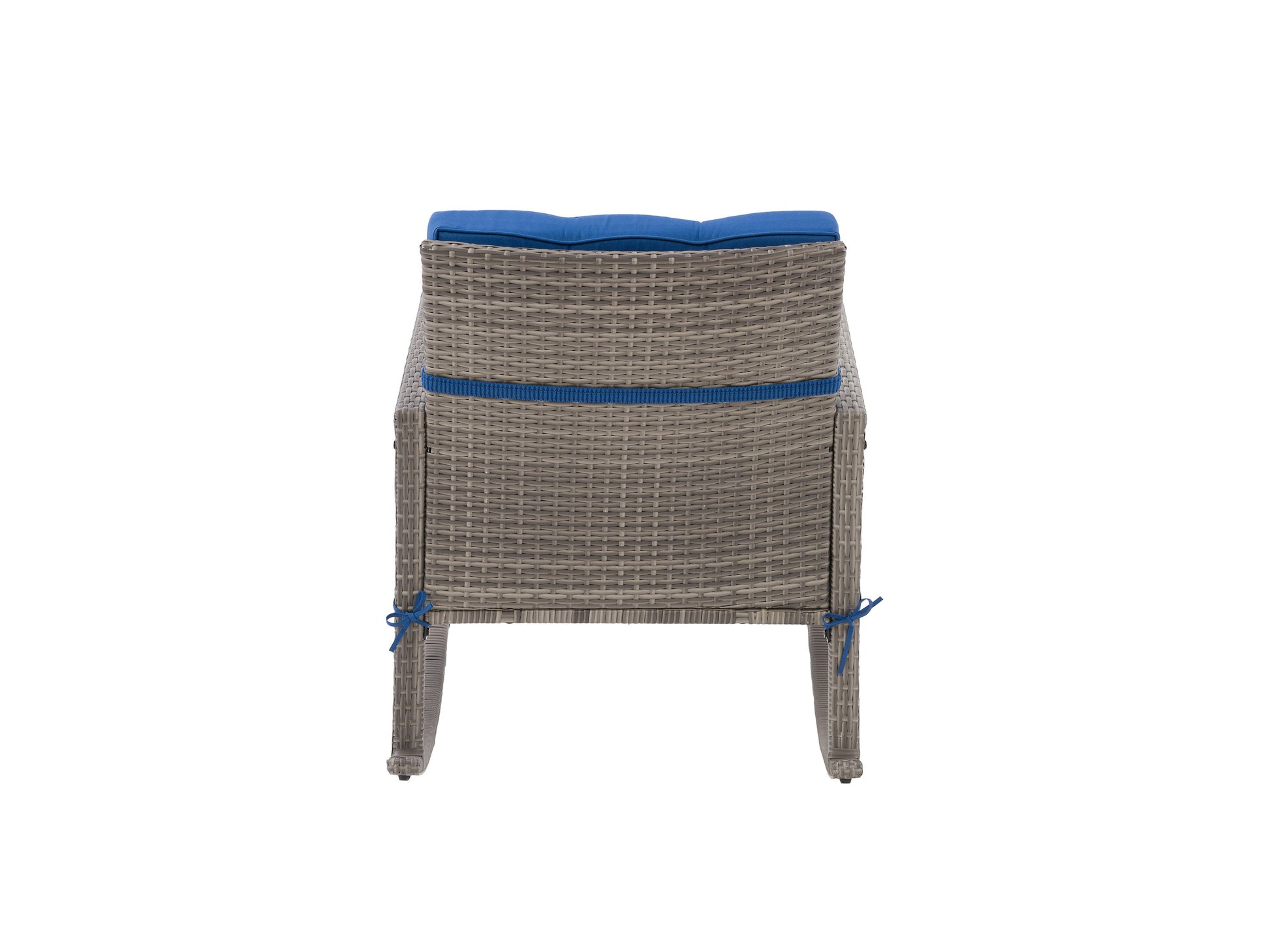 Grey wicker outdoor rocking chair with blue cushions, featuring a sturdy frame, comfortable armrests, and weather-resistant materials, perfect for patio or garden seating.