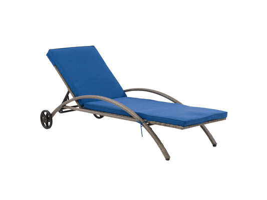 Grey wicker patio lounge chair with blue cushions, featuring a durable woven frame, weather-resistant fabric, and ergonomic design for outdoor relaxation. Ideal for garden, deck, or poolside seating.