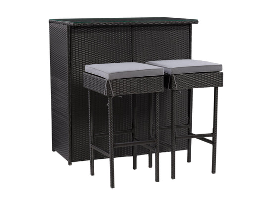 Three-piece patio bar set featuring a high table and two bar stools with beige cushions, crafted from durable, weather-resistant dark brown wicker, perfect for outdoor entertaining and relaxation.