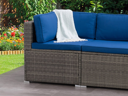 Modern outdoor corner chair with grey cushions, black aluminum frame, and wood accents, featuring weather-resistant materials and sleek minimalist design, perfect for patio or garden lounging.