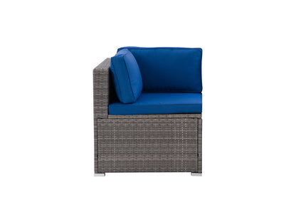 Outdoor corner patio chair with gray cushions, brown wicker frame, and sturdy aluminum legs; perfect for contemporary outdoor seating arrangements.