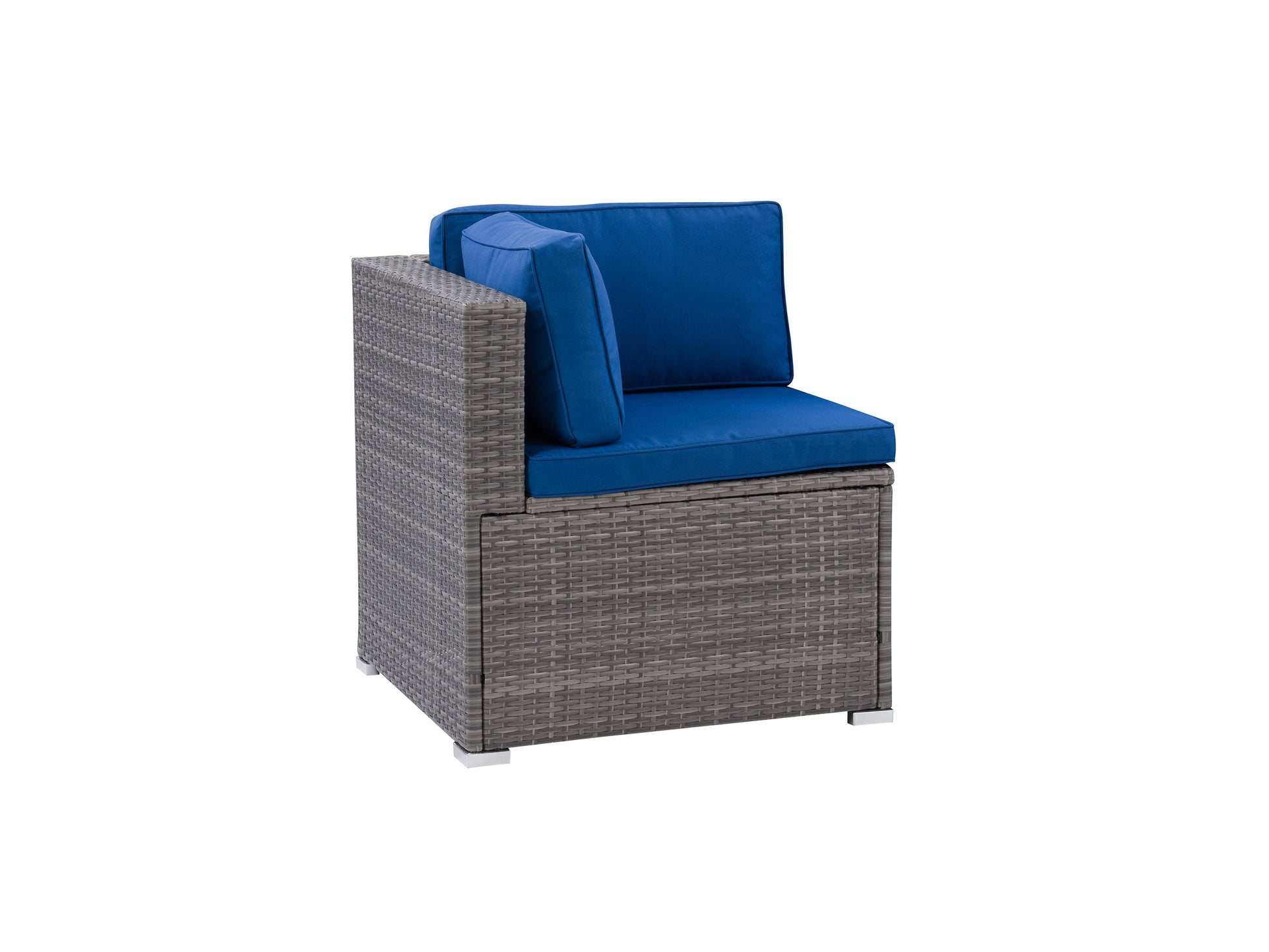 Gray outdoor corner patio chair with plush cushions, aluminum frame, and woven rope detailing. Ideal for modern outdoor spaces, offering comfort and durability. Perfect for patio or garden seating arrangements.