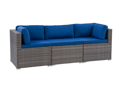 Outdoor wicker patio sectional sofa in brown with beige cushions, featuring a three-piece modular design and durable weather-resistant materials. Ideal for comfortable outdoor seating and entertaining.