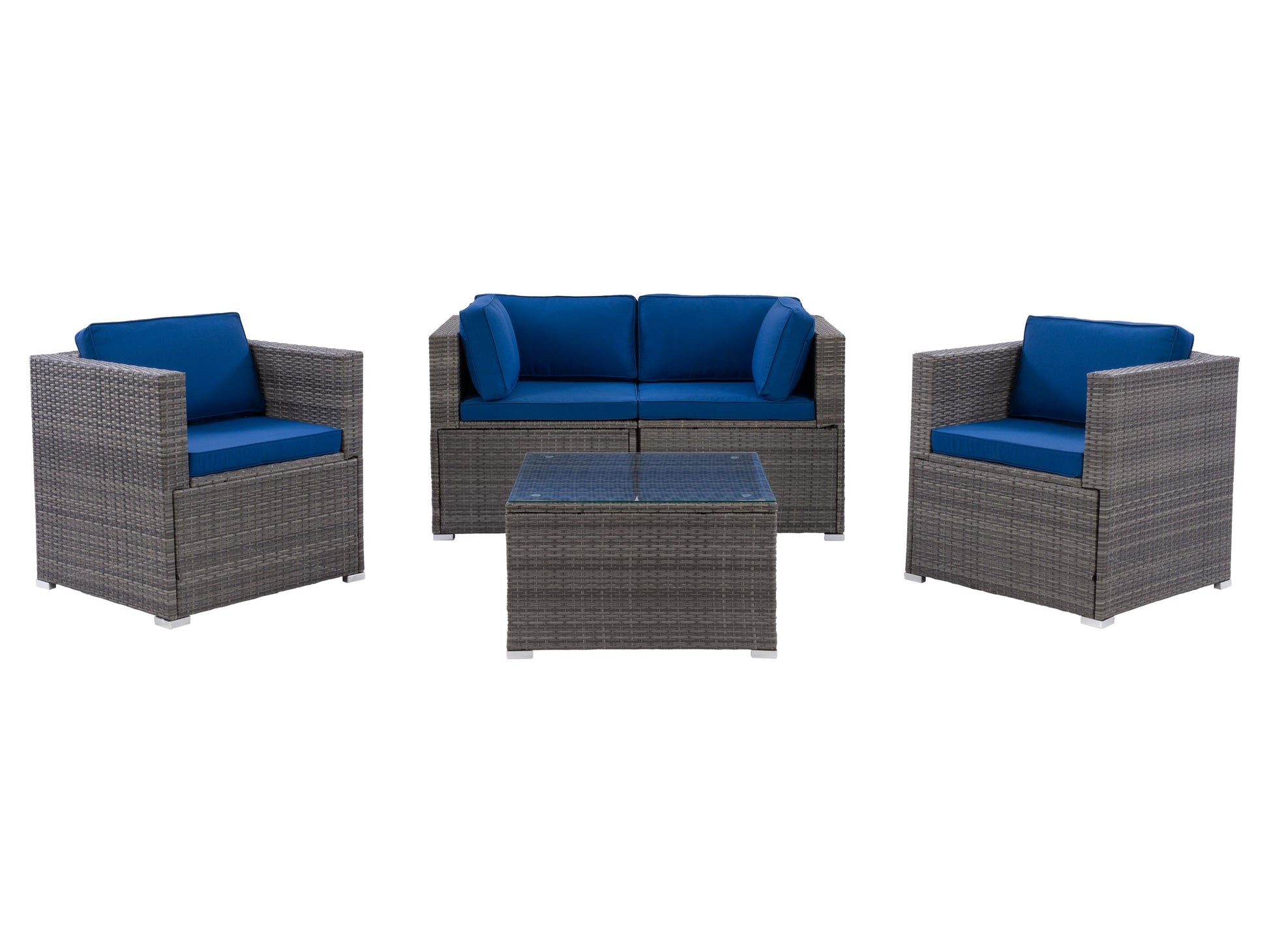 5-piece outdoor patio conversation set with gray wicker frames, plush white cushions, and a sleek glass-top coffee table, perfect for modern outdoor lounging and entertaining.