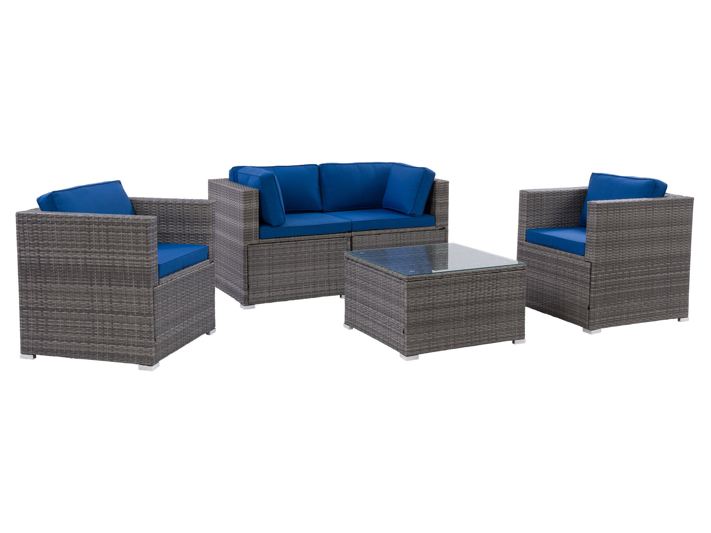 5-piece outdoor patio conversation set with gray wicker frame, beige cushions, and a glass-top coffee table, featuring weather-resistant materials and modern design for comfortable outdoor lounging.