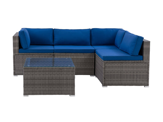 Gray wicker patio sectional set with beige cushions, glass-top coffee table, and throw pillows. Durable outdoor furniture with weather-resistant materials. Ideal for backyard, garden, or deck lounging.