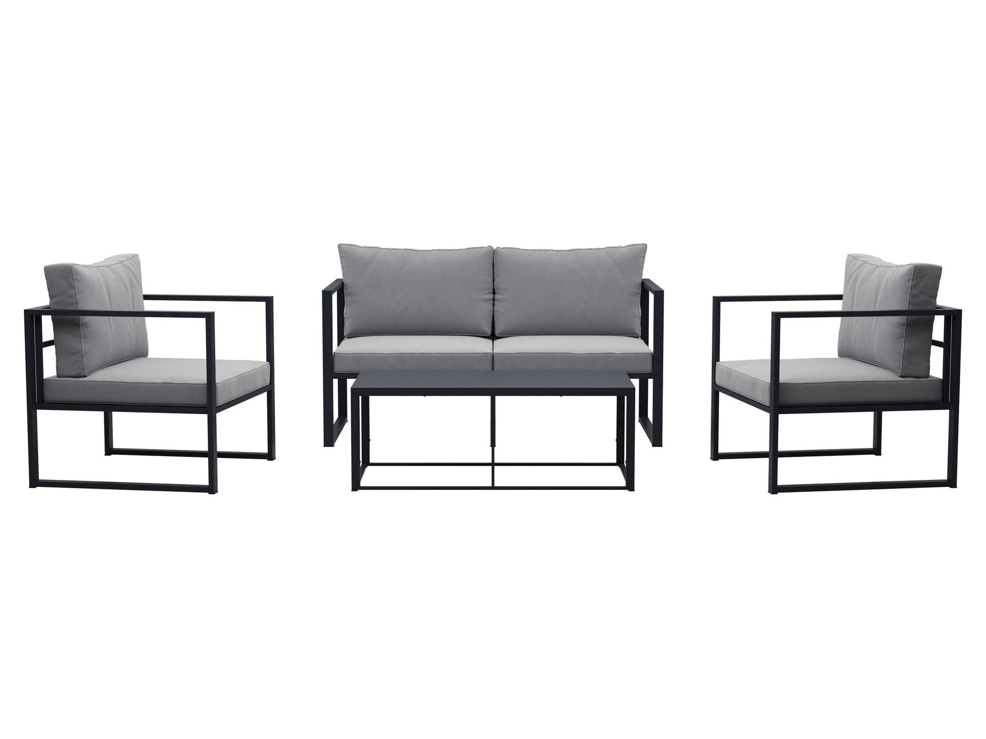 4-piece grey patio conversation set with cushioned seats, glass-top coffee table, and wicker frame. Modern outdoor furniture featuring weather-resistant materials, perfect for garden, deck, or backyard lounging.