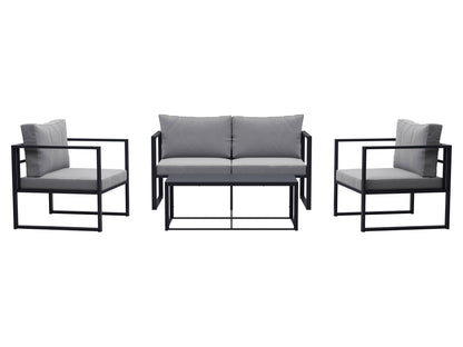 4-piece grey patio conversation set with cushioned seats, glass-top coffee table, and wicker frame. Modern outdoor furniture featuring weather-resistant materials, perfect for garden, deck, or backyard lounging.