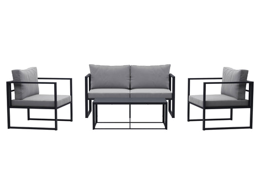 4-piece grey patio conversation set with cushioned seats, glass-top coffee table, and wicker frame. Modern outdoor furniture featuring weather-resistant materials, perfect for garden, deck, or backyard lounging.