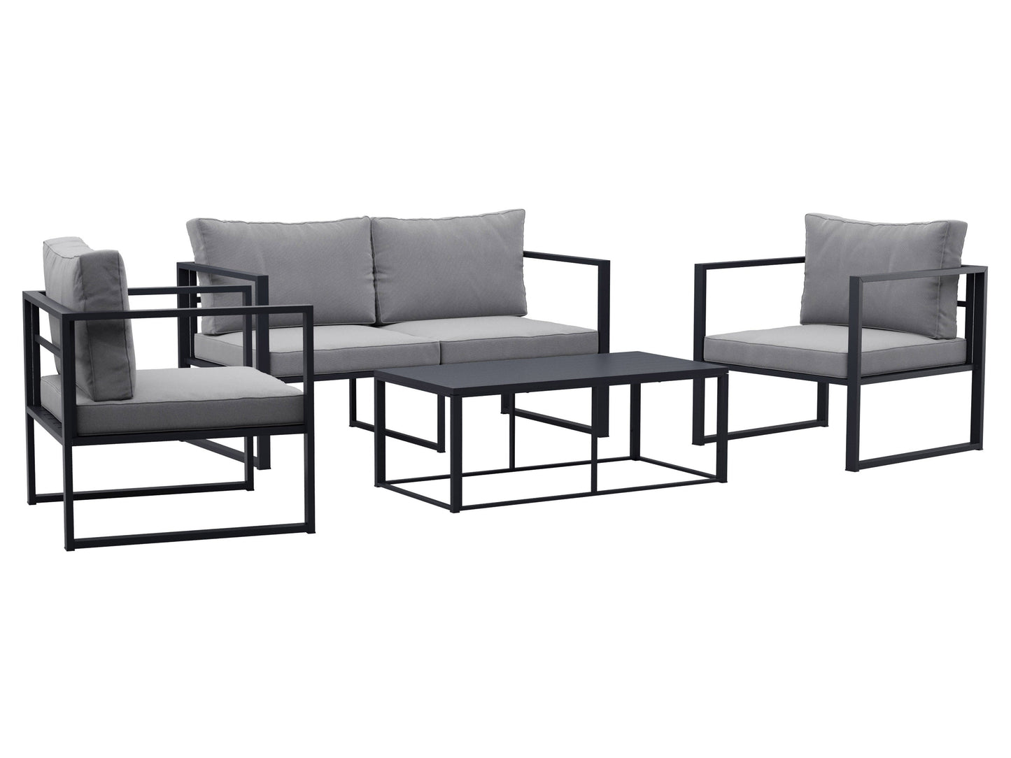 4-piece grey patio conversation set with cushioned seats, glass-top coffee table, and wicker frame. Modern outdoor furniture featuring weather-resistant materials, perfect for garden, deck, or backyard lounging.