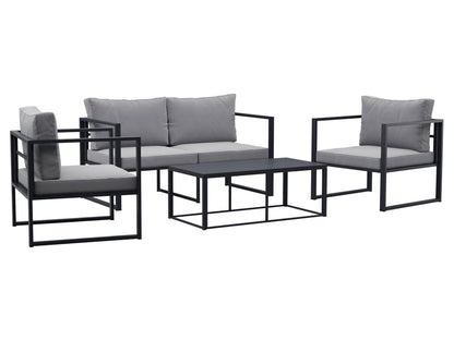 4-piece grey patio conversation set with cushioned seats, glass-top coffee table, and wicker frame. Modern outdoor furniture featuring weather-resistant materials, perfect for garden, deck, or backyard lounging.