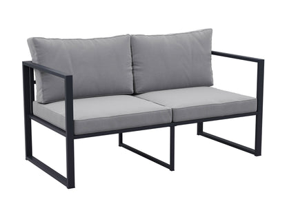 4-piece grey patio conversation set with cushioned seats, glass-top coffee table, and wicker frame. Modern outdoor furniture featuring weather-resistant materials, perfect for garden, deck, or backyard lounging.