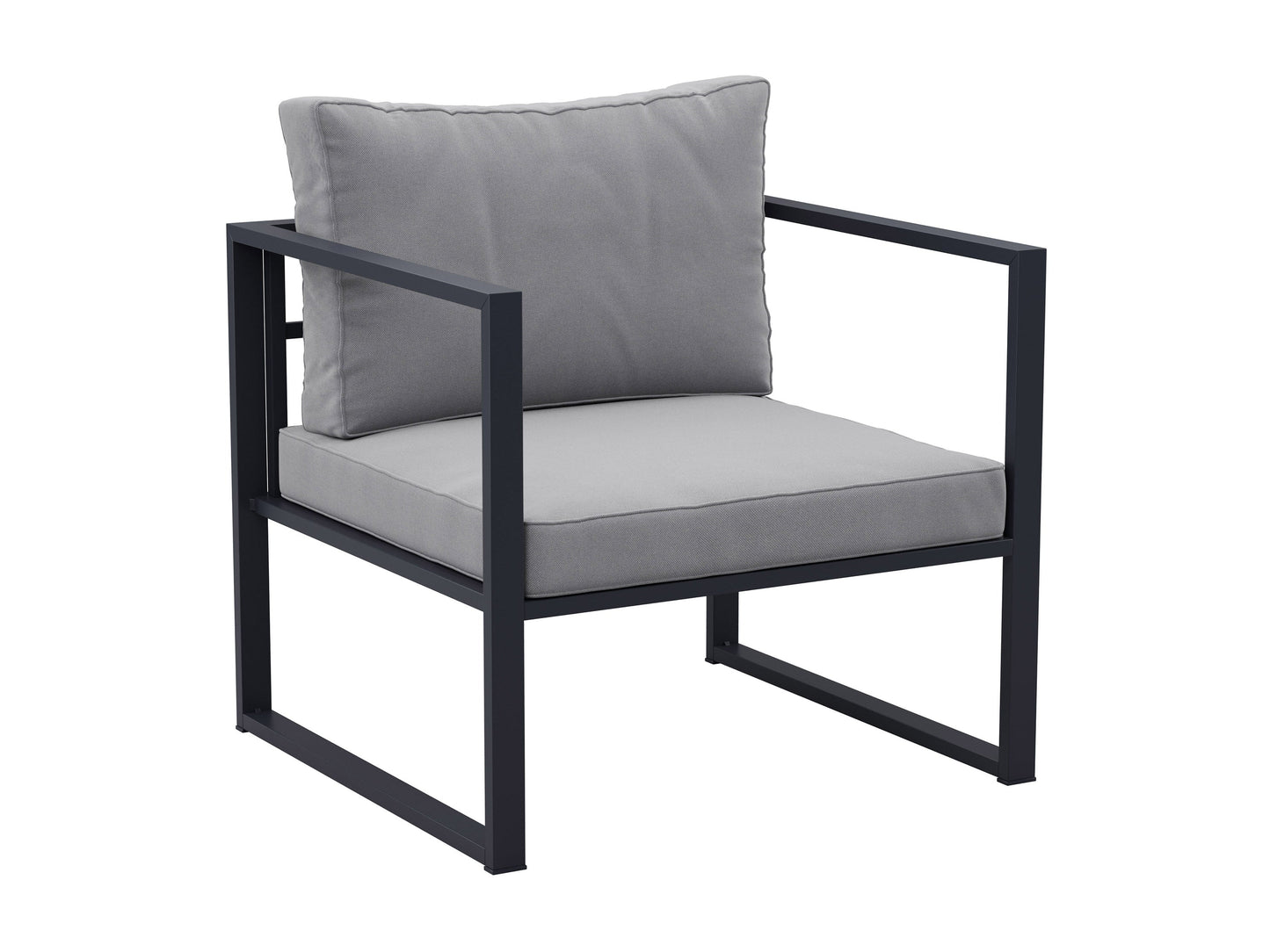 4-piece grey patio conversation set with cushioned seats, glass-top coffee table, and wicker frame. Modern outdoor furniture featuring weather-resistant materials, perfect for garden, deck, or backyard lounging.