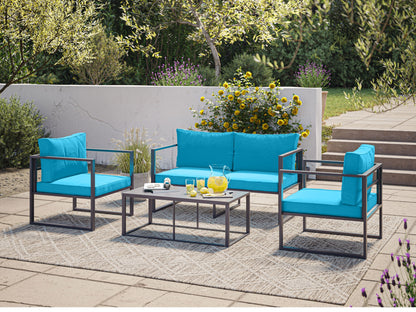 Turquoise 4-piece patio conversation set with cushioned seating, wicker frame, glass-top coffee table, and vibrant pillows, perfect for outdoor lounging and entertaining.