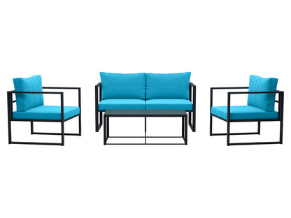 Turquoise 4-piece patio conversation set with cushioned seating, wicker frame, glass-top coffee table, and vibrant pillows, perfect for outdoor lounging and entertaining.