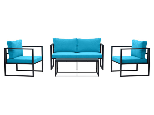 Turquoise 4-piece patio conversation set with cushions, wicker frame, and glass-top coffee table.