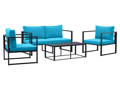 Turquoise 4-piece patio conversation set with cushioned seating, wicker frame, glass-top coffee table, and vibrant pillows, perfect for outdoor lounging and entertaining.