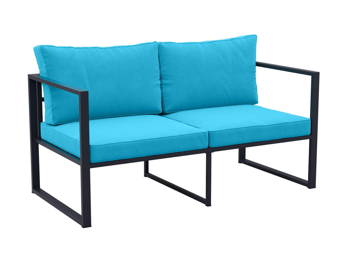 Turquoise 4-piece patio conversation set with cushioned seating, wicker frame, glass-top coffee table, and vibrant pillows, perfect for outdoor lounging and entertaining.