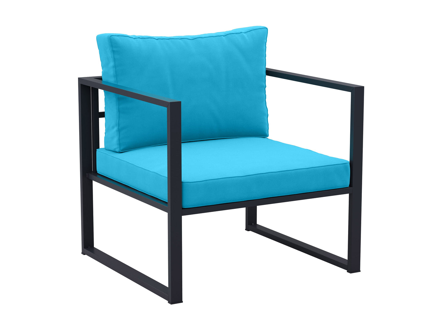 Turquoise 4-piece patio conversation set with cushioned seating, wicker frame, glass-top coffee table, and vibrant pillows, perfect for outdoor lounging and entertaining.