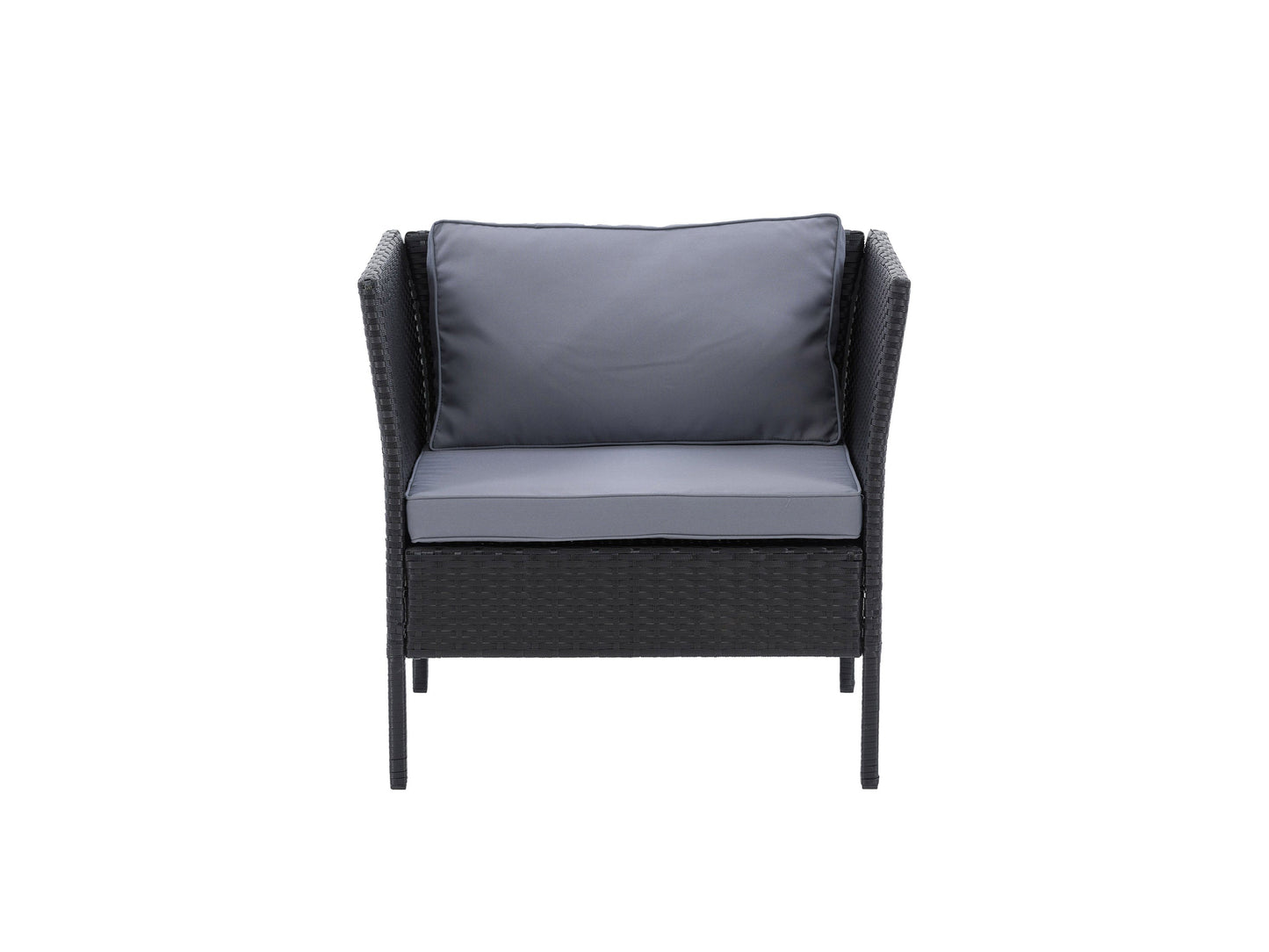 Black and grey patio armchair with cushioned seat and backrest, featuring a sleek metal frame and weather-resistant fabric, ideal for outdoor lounging and garden decor.