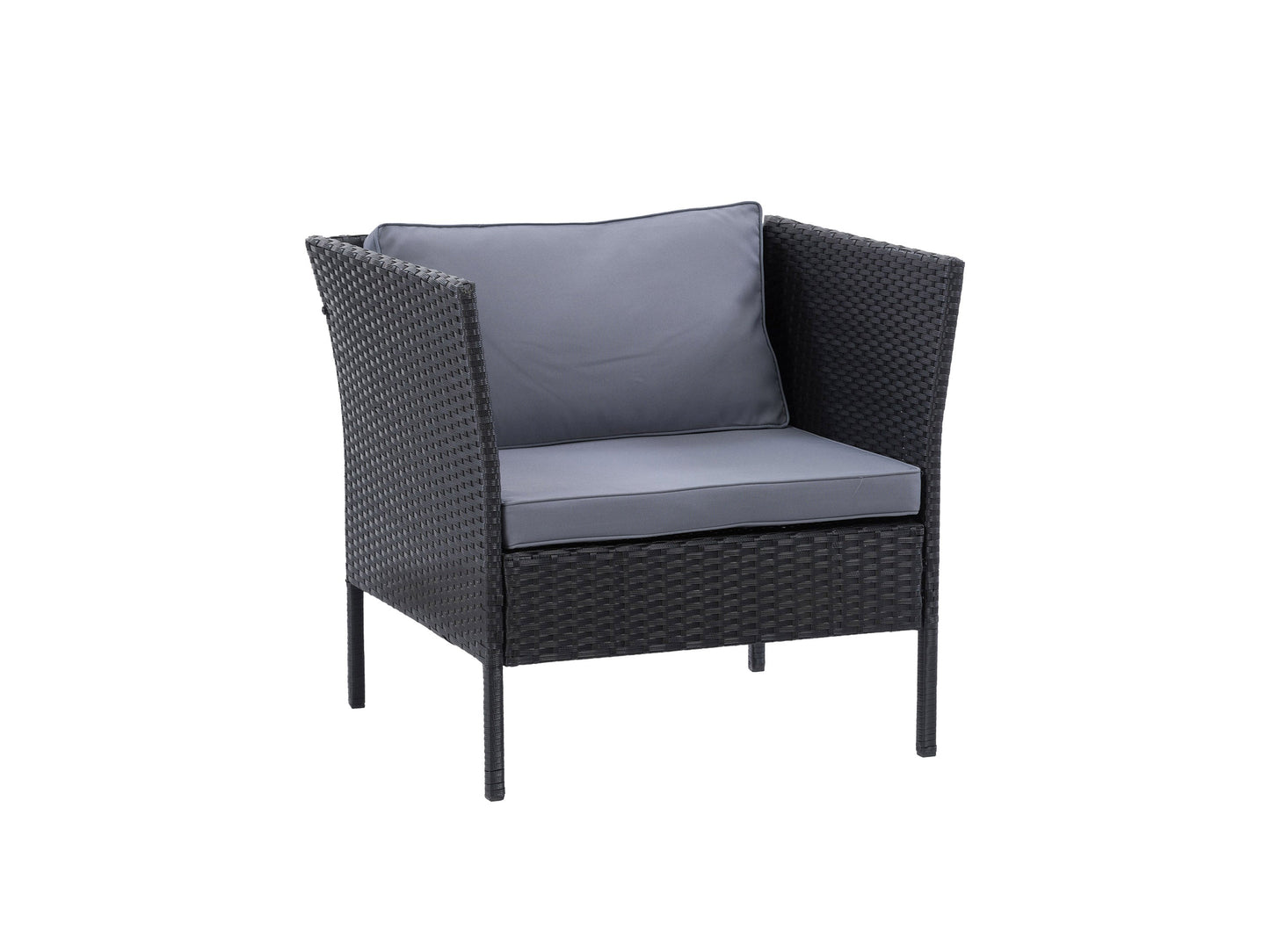 Black and grey patio armchair with cushioned seat and backrest, featuring a sleek metal frame and weather-resistant fabric, ideal for outdoor lounging and garden decor.