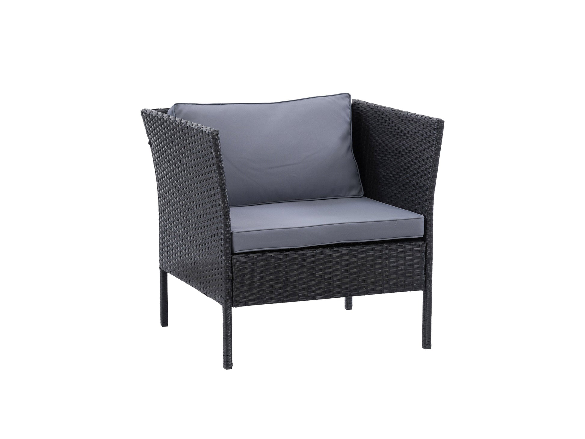 Black and grey patio armchair with cushioned seat and backrest, featuring a sleek metal frame and weather-resistant fabric, ideal for outdoor lounging and garden decor.