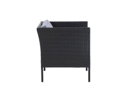 Black and grey patio armchair with cushioned seat and backrest, featuring a sleek metal frame and weather-resistant fabric, ideal for outdoor lounging and garden decor.