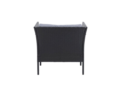 Black and grey patio armchair with cushioned seat and backrest, featuring a sleek metal frame and weather-resistant fabric, ideal for outdoor lounging and garden decor.