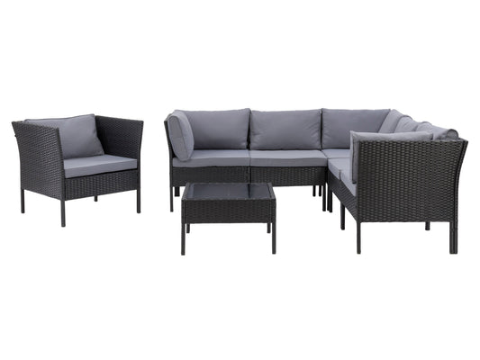 Black and grey L-shaped outdoor patio sectional, 7-piece set with weather-resistant cushions, sleek aluminum frame, and modern design perfect for garden or deck seating.