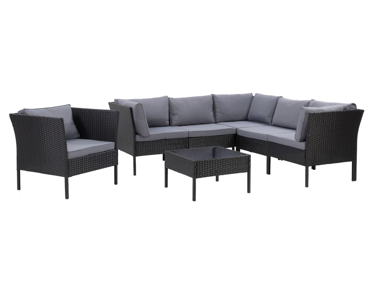 Black and grey L-shaped outdoor patio sectional, 7-piece set with weather-resistant cushions, sleek aluminum frame, and modern design perfect for garden or deck seating.