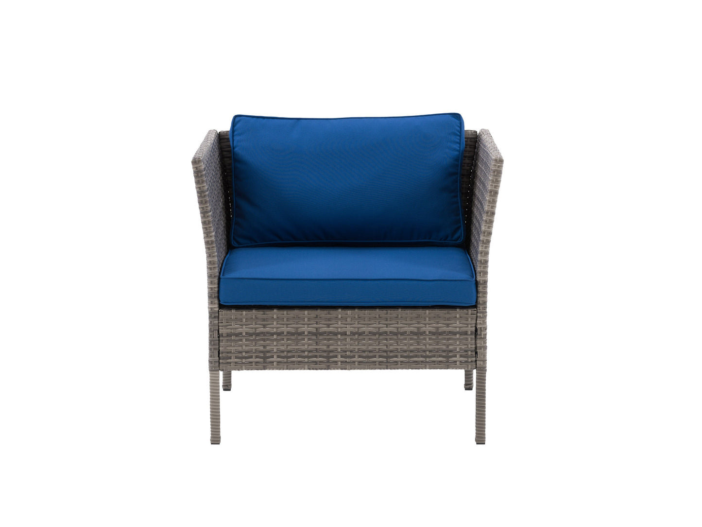 Grey and blue patio armchair with cushioned seat and backrest, featuring a sturdy metal frame and weather-resistant fabric, perfect for outdoor relaxation and garden seating.