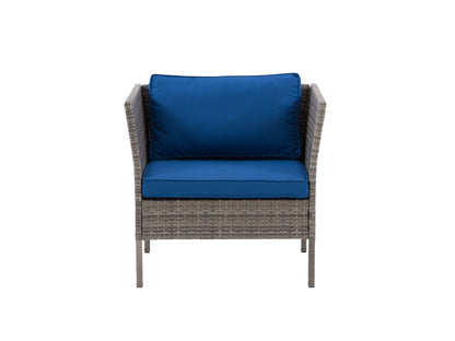 Grey and blue patio armchair with cushioned seat and backrest, featuring a sturdy metal frame and weather-resistant fabric, perfect for outdoor relaxation and garden seating.