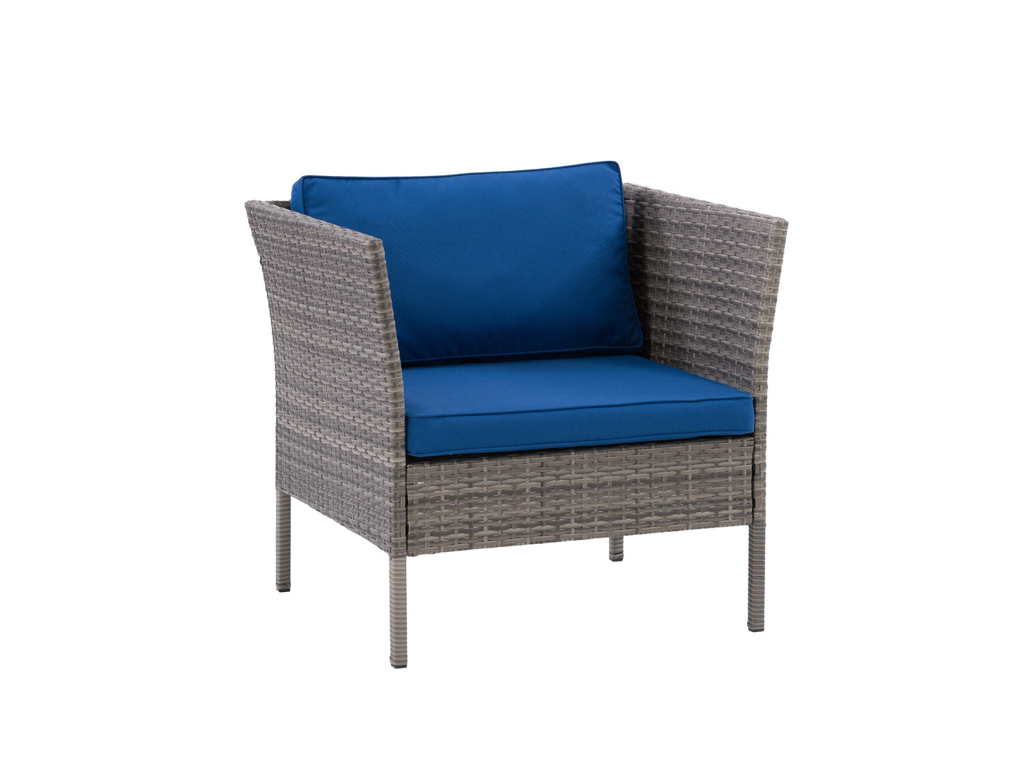 Grey and blue patio armchair with cushioned seat and backrest, featuring a sturdy metal frame and weather-resistant fabric, perfect for outdoor relaxation and garden seating.