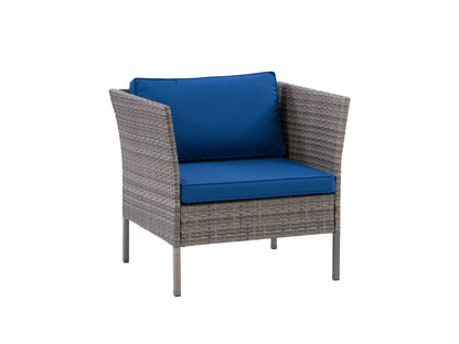 Grey and blue patio armchair with cushioned seat and backrest, featuring a sturdy metal frame and weather-resistant fabric, perfect for outdoor relaxation and garden seating.